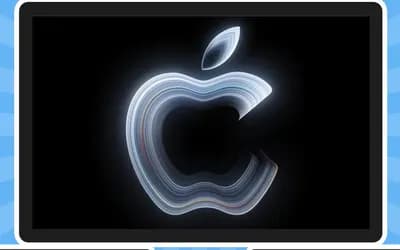 Glowing, layered Apple logo on a black screen, framed within a display against a backdrop of blue light rays