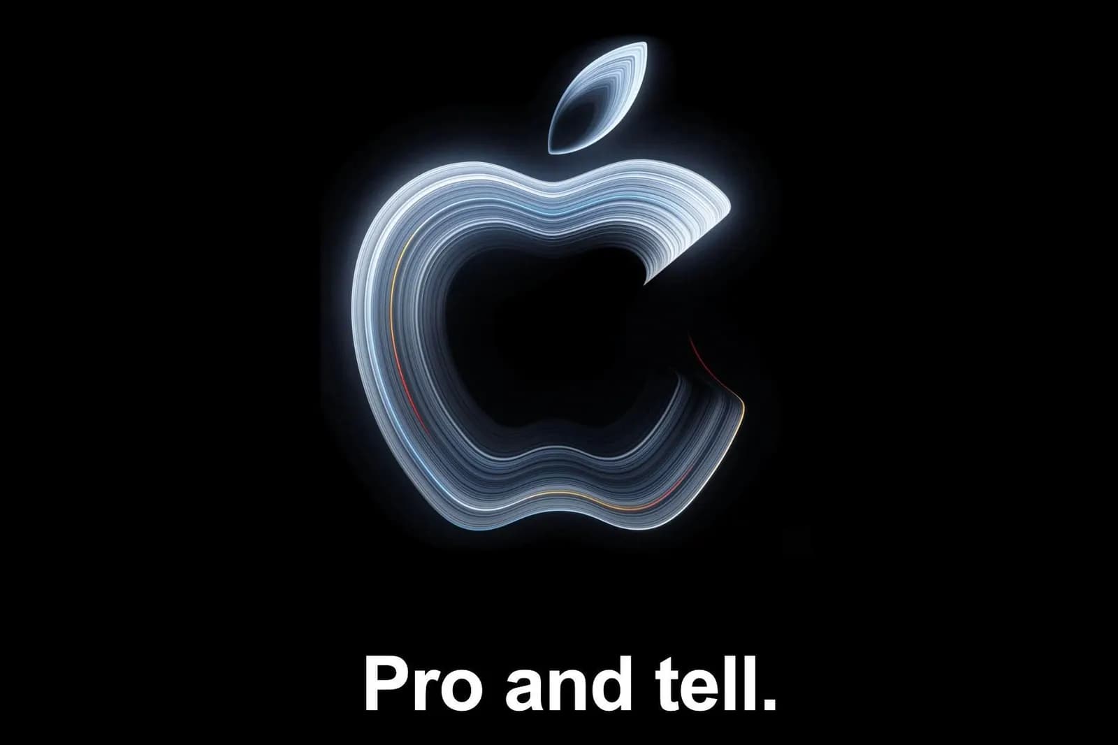 Glowing wavy lines forming the Apple logo on a black background, with the text "Pro and tell." below it