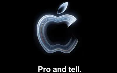 Glowing wavy lines forming the Apple logo on a black background, with the text "Pro and tell." below it