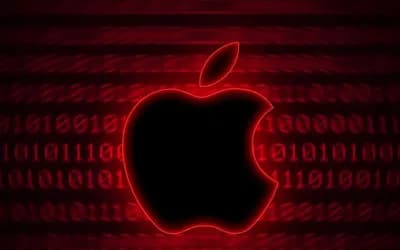 Kırmızı neon çizgili siyah Apple logosu, arka planda bulanık ikili kod satırları bulunan koyu kırmızı dijital görsel