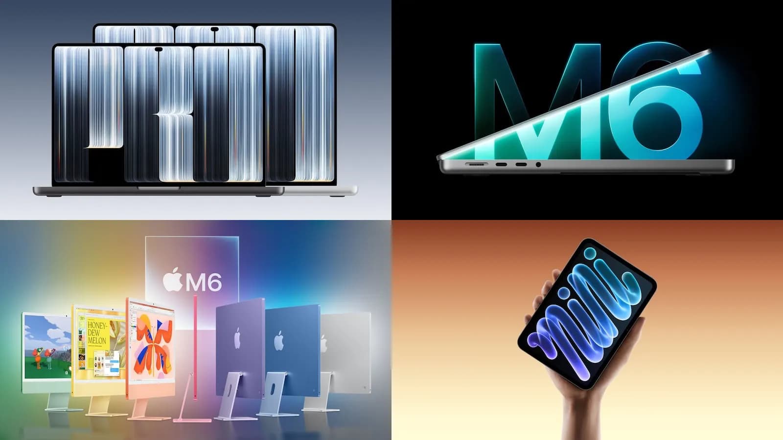 Dört parçalı kolaj: MacBook Pro modelleri, M6 yazılı dizüstü bilgisayar, renkli iMac'ler ve elde tutulan iPad mini.