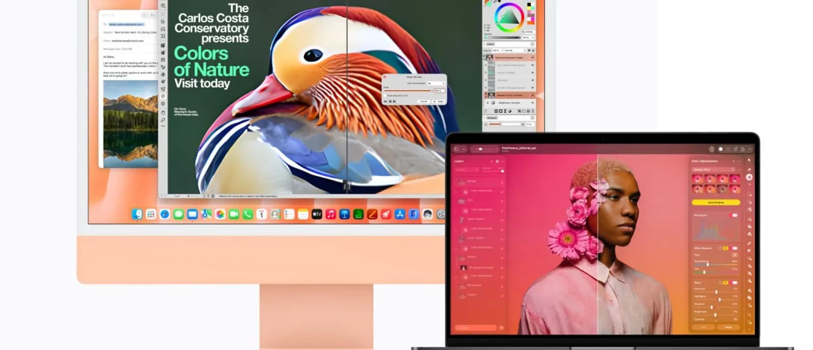 Turuncu bir iMac ve MacBook ekranlarında renkli bir ördek posteri ve çiçekli bir portre üzerinde fotoğraf düzenleme uygulamaları açık.