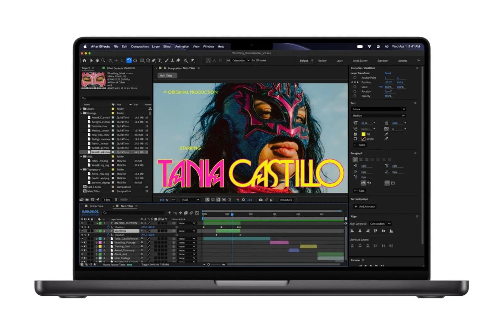 Siyah MacBook Pro ekranında After Effects açık; maskeli bir güreşçinin ana başlık tasarımı ve zaman çizelgesi görünüyor.
