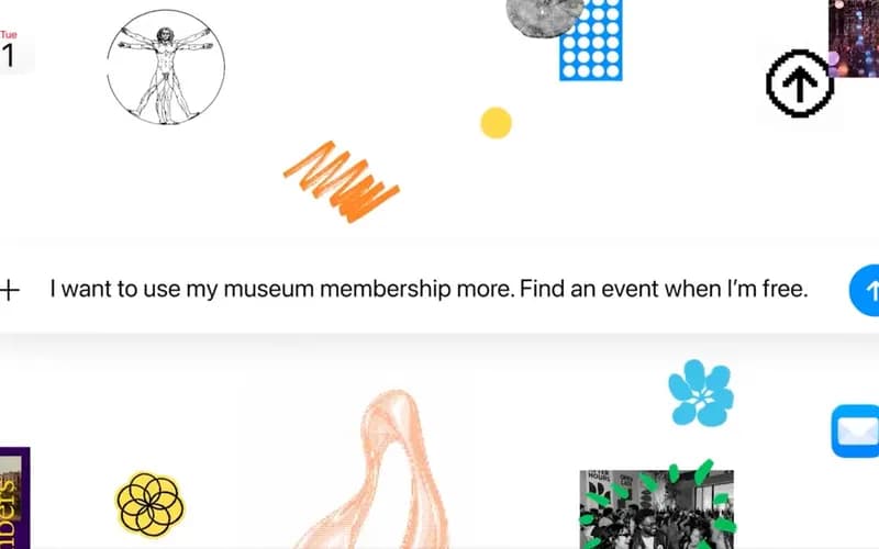 AI assistant interface showing a prompt about museum membership, surrounded by colorful museum-themed stickers and icons