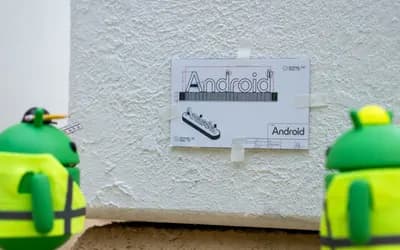 Two green Android figures in yellow vests study a technical drawing of the Android logo hanging on a white plastered wall.