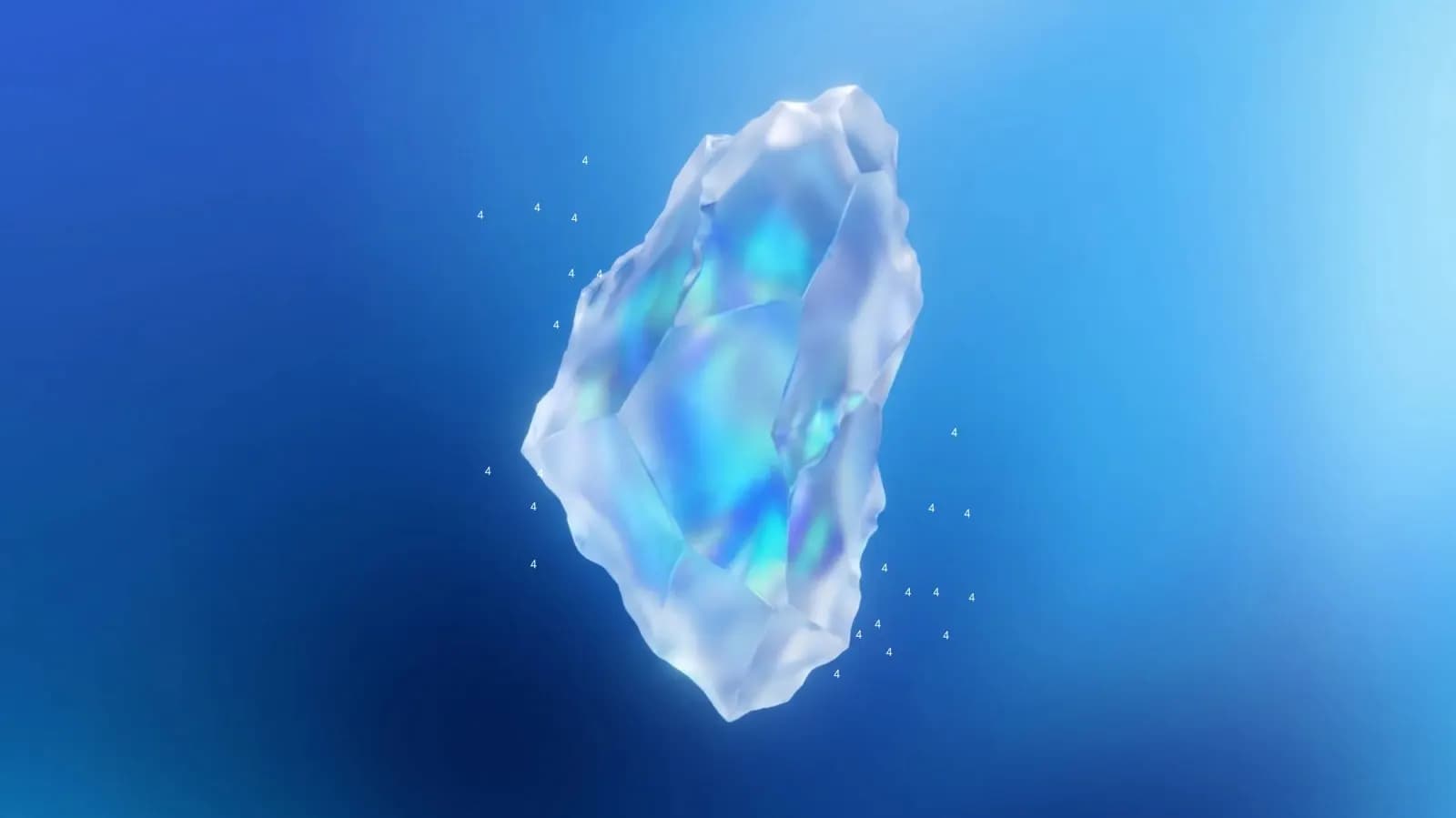 Translucent ice-like crystal with rainbow reflections floating against a blue background, surrounded by small number 4s
