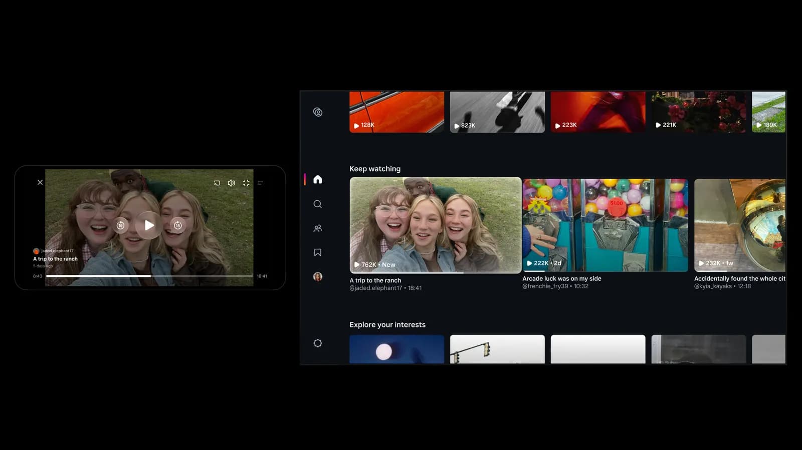 Bir video uygulamasının telefon ve TV arayüzü; 'Keep watching' bölümünde üç genç kadının selfie videosu ve diğer videolar görünüyor.