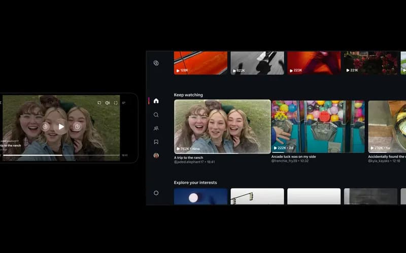 Bir video uygulamasının telefon ve TV arayüzü; 'Keep watching' bölümünde üç genç kadının selfie videosu ve diğer videolar görünüyor.