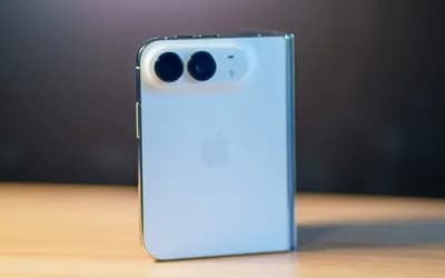 Light blue foldable Apple phone with dual rear cameras standing upright on a wooden table