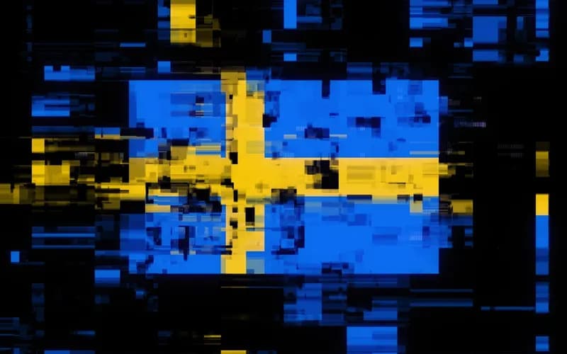Swedish flag fragmented by a digital glitch effect on a black background, with blue and yellow pixel blocks