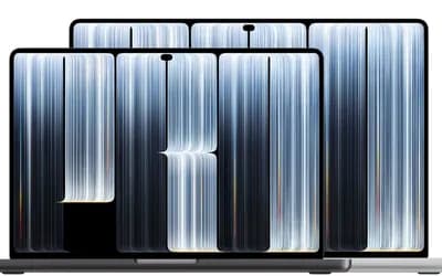 Two laptops side by side, their screens showing an abstract wallpaper of vertical blue, white and black stripes.