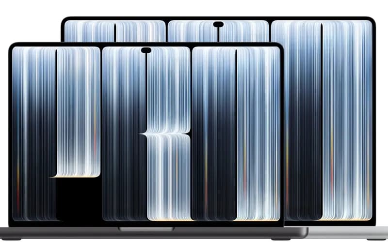 Two laptops side by side, their screens showing an abstract wallpaper of vertical blue, white and black stripes.