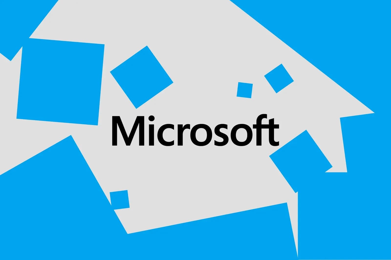 Açık gri zemin üzerinde mavi kareler ve ortada siyah Microsoft yazısı bulunan grafik tasarım