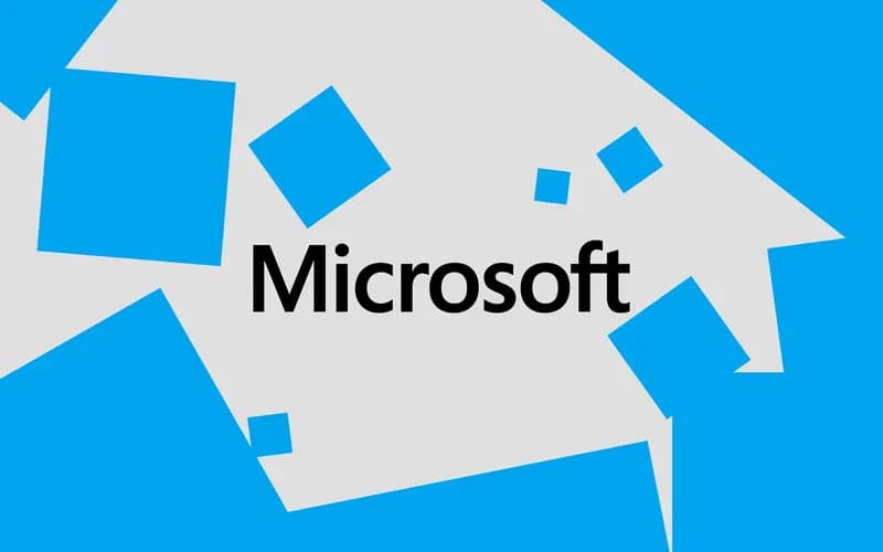 Graphic design with blue squares and black Microsoft text centered on a light gray background