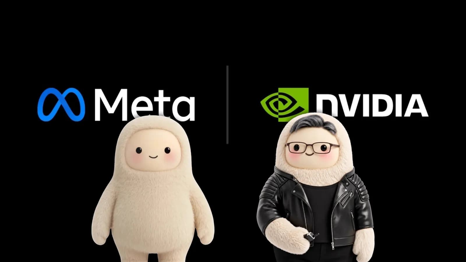 Two cute fuzzy characters, one in a black leather jacket and glasses, standing in front of the Meta and NVIDIA logos