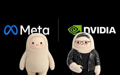 Meta ve NVIDIA logolarının önünde duran, biri siyah deri ceketli ve gözlüklü iki sevimli tüylü karakter