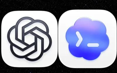 Two app icons on a starry black background: a black knot logo on white and a terminal cursor inside a blue cloud