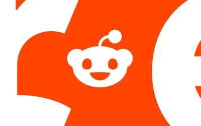 Turuncu-beyaz arka plan üzerinde Reddit'in gülümseyen maskotu Snoo'nun beyaz logosu ve büyük harf parçaları