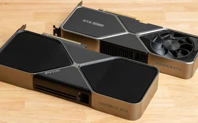 Ahşap bir yüzeyde yan yana duran iki NVIDIA GeForce RTX ekran kartı: RTX 5080 ve RTX 3080 Founders Edition