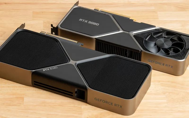 Ahşap bir yüzeyde yan yana duran iki NVIDIA GeForce RTX ekran kartı: RTX 5080 ve RTX 3080 Founders Edition