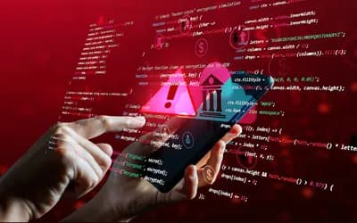 Hands holding a smartphone surrounded by a warning symbol, bank icon, and encryption code on a red background