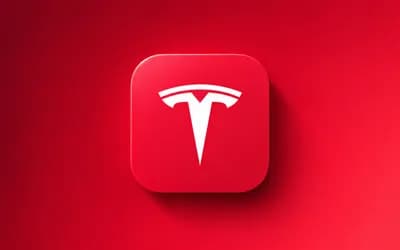 Kırmızı arka plan üzerinde, kırmızı uygulama simgesi karesinin içinde beyaz Tesla logosu