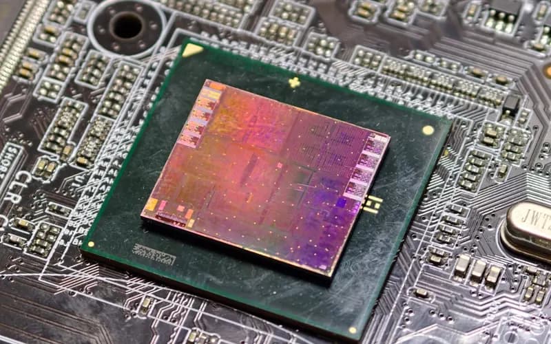 Close-up of a processor chip seated on a motherboard, with its exposed silicon die visible