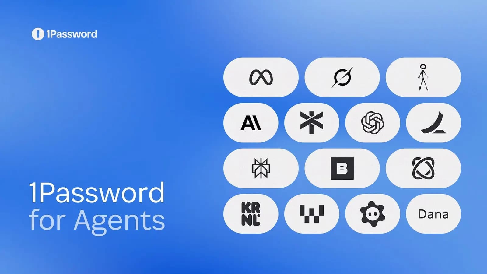 Blue promo graphic titled 1Password for Agents, with black-and-white AI company logos arranged in rounded boxes