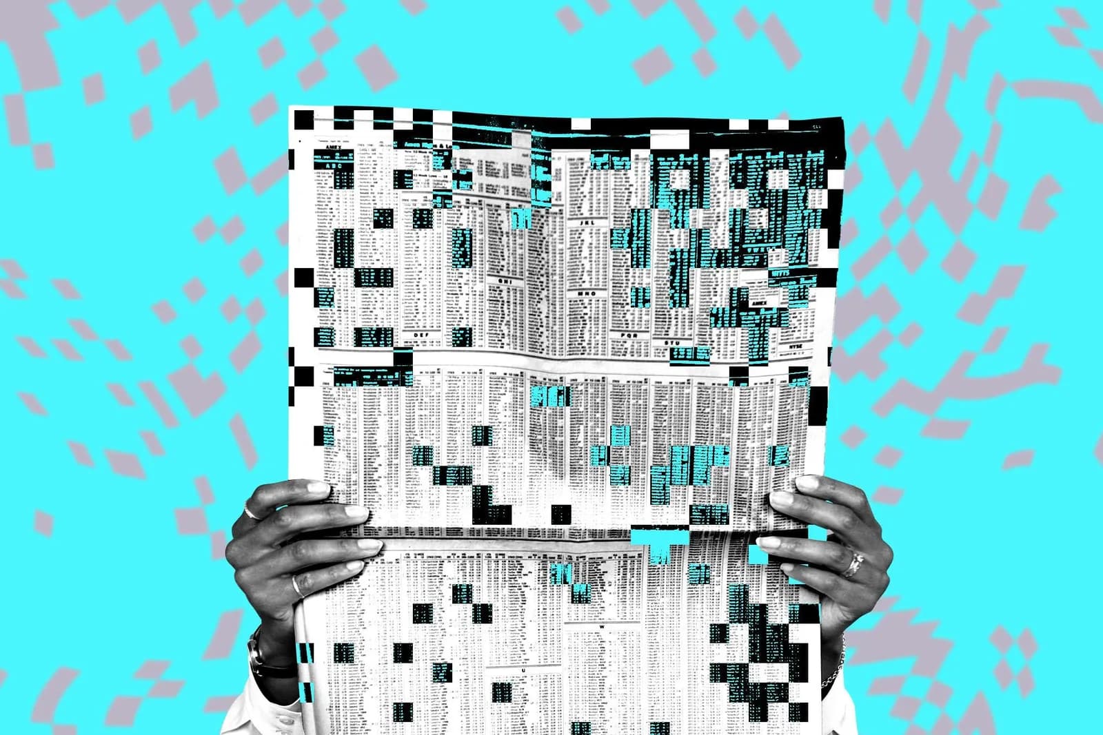 Person holding a newspaper of stock listings with pixelated distortions against a turquoise background