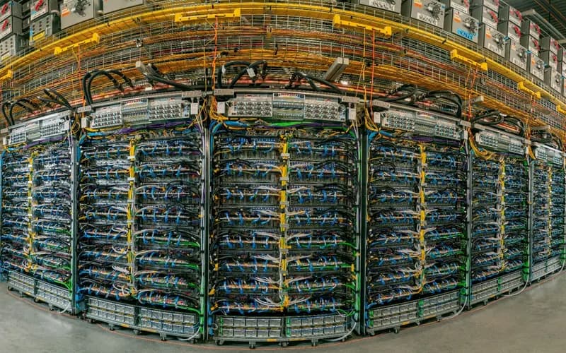 Data center aisle with rows of server racks filled with blue and yellow network cables and cable trays overhead