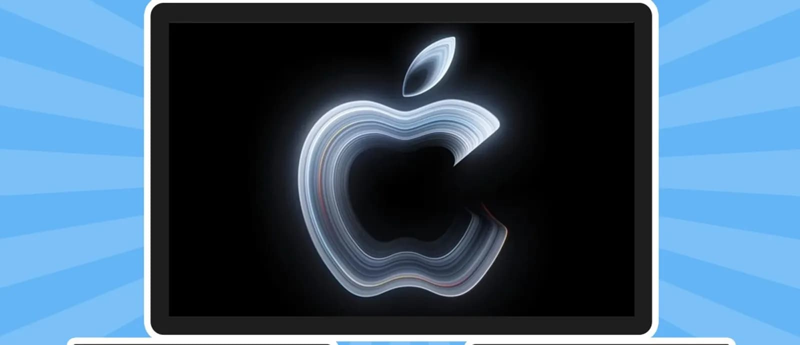 Glowing, layered Apple logo on a black screen, framed within a display against a backdrop of blue light rays