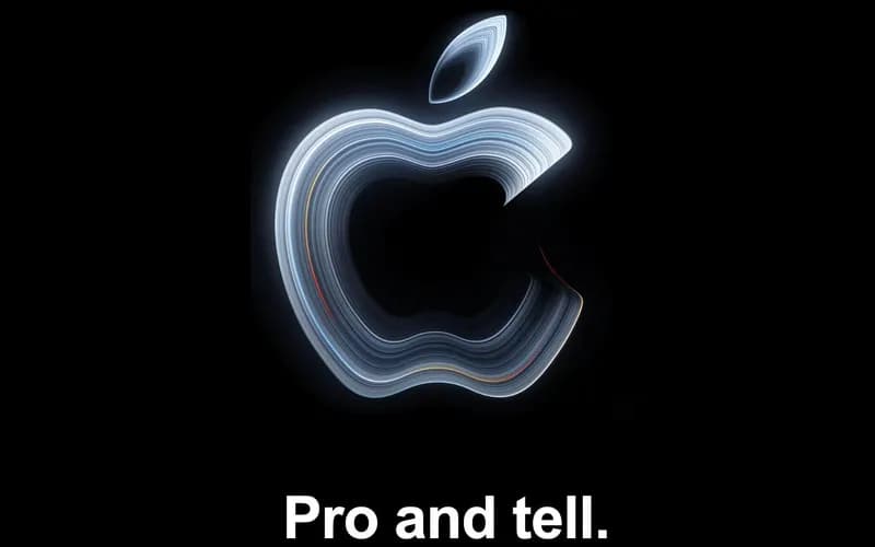 Glowing wavy lines forming the Apple logo on a black background, with the text "Pro and tell." below it