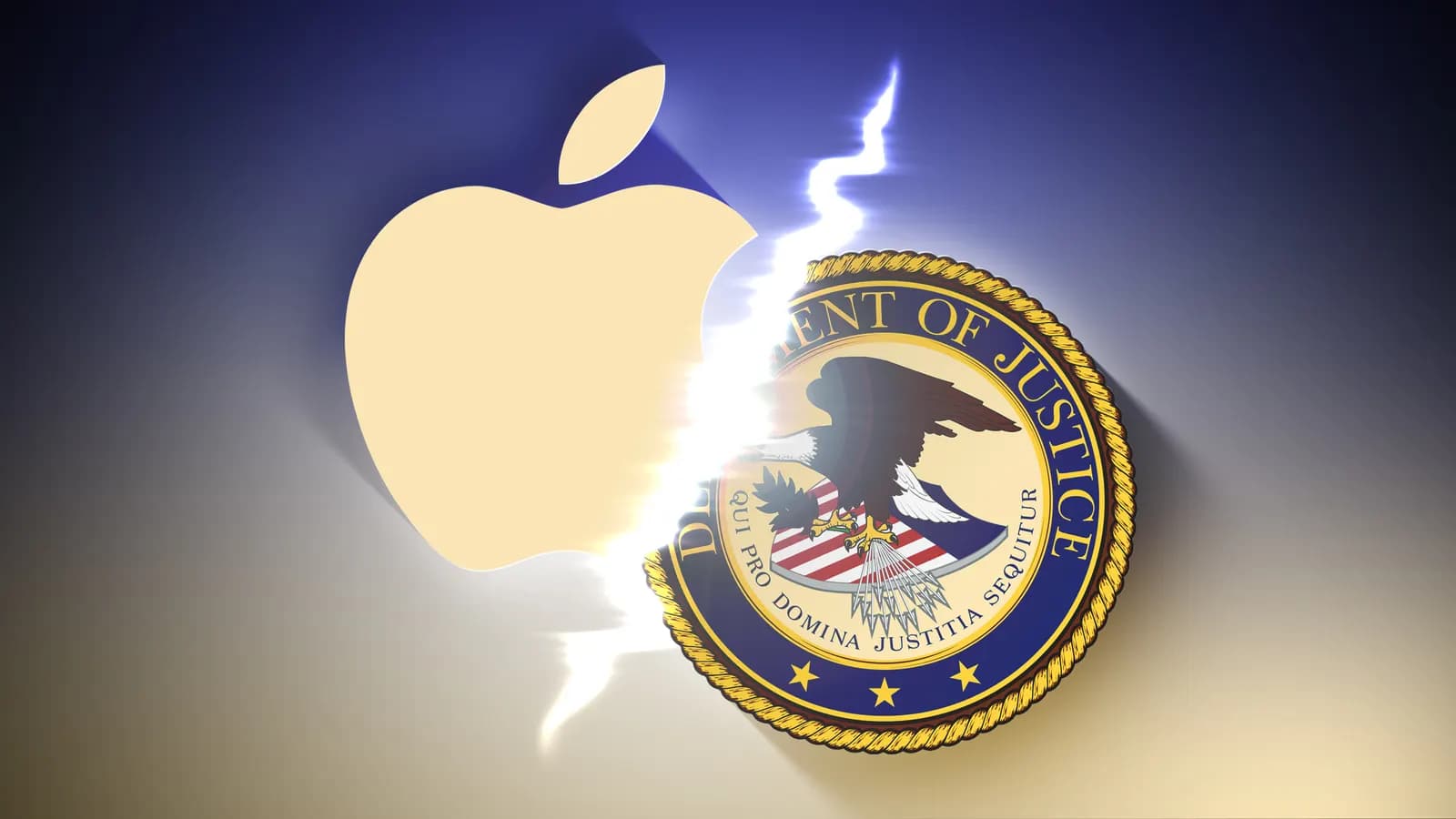 Apple logo and U.S. Department of Justice seal split apart by a lightning-like streak of light in an illustration