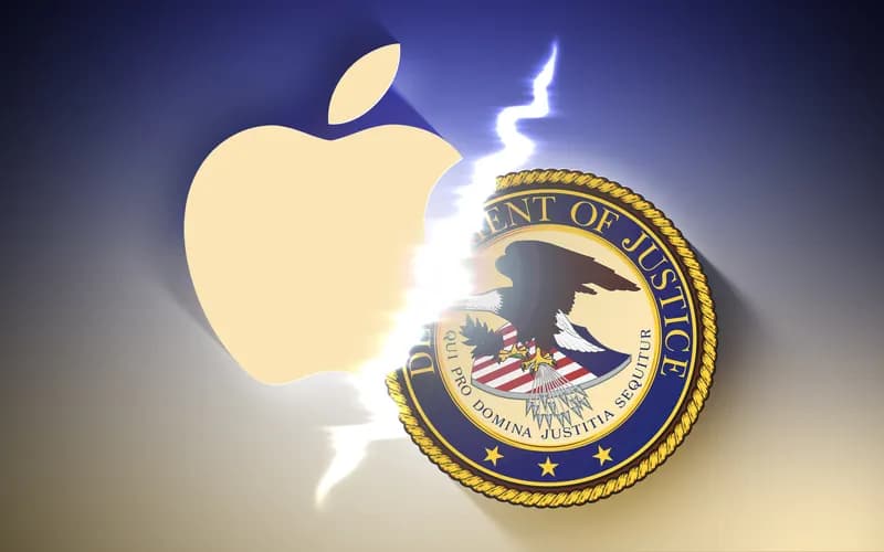 Apple logo and U.S. Department of Justice seal split apart by a lightning-like streak of light in an illustration
