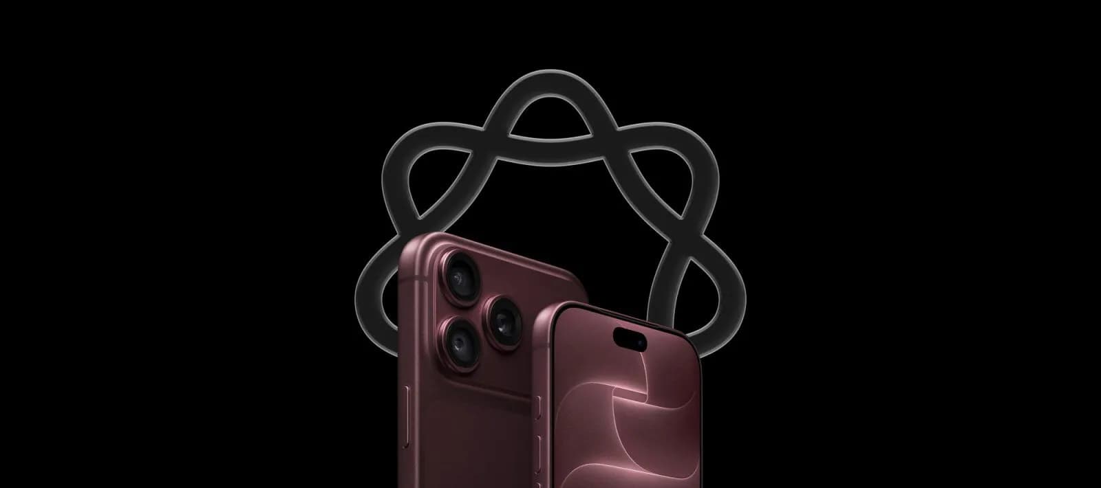 Burgundy smartphone shown front and back on a black background, with an orbit-style atom icon behind it
