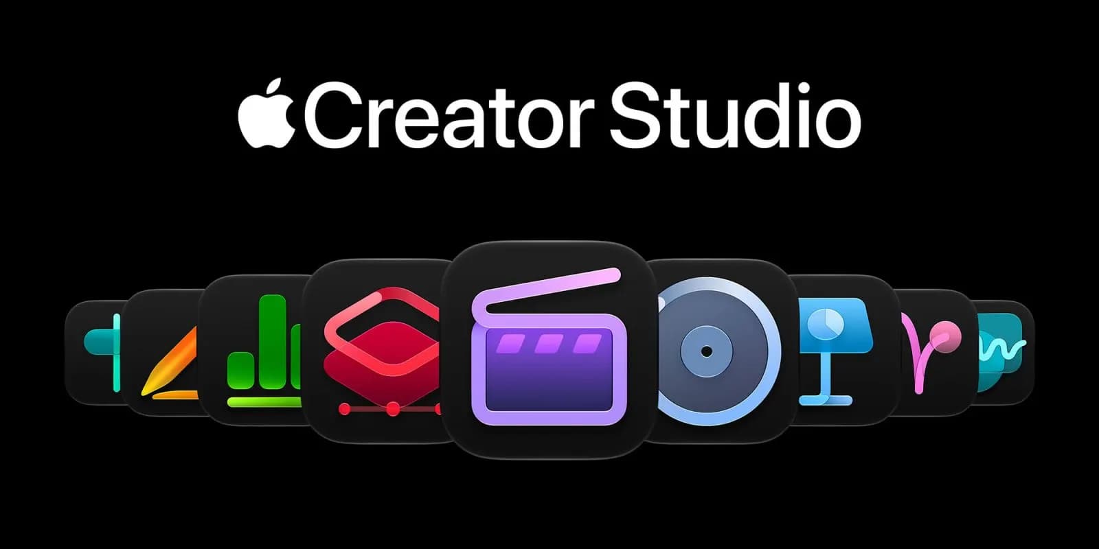 Siyah zemin üzerinde Apple Creator Studio başlığı ve altında sıralanmış renkli uygulama simgeleri