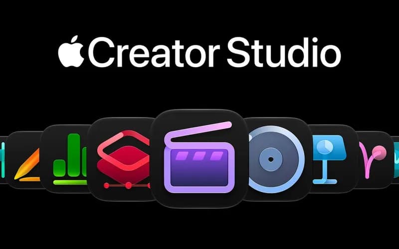 Siyah zemin üzerinde Apple Creator Studio başlığı ve altında sıralanmış renkli uygulama simgeleri