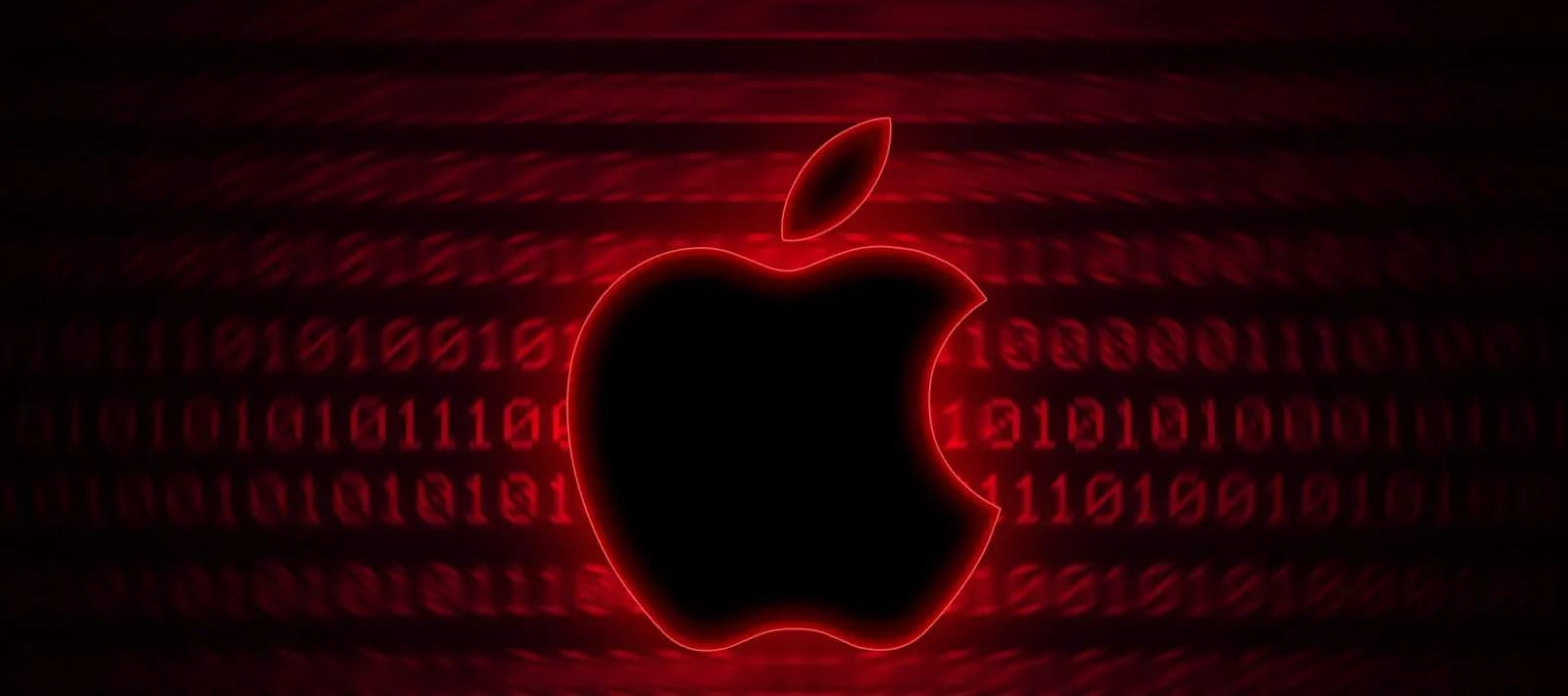 Black Apple logo outlined in red neon over a dark red digital background of blurred binary code lines