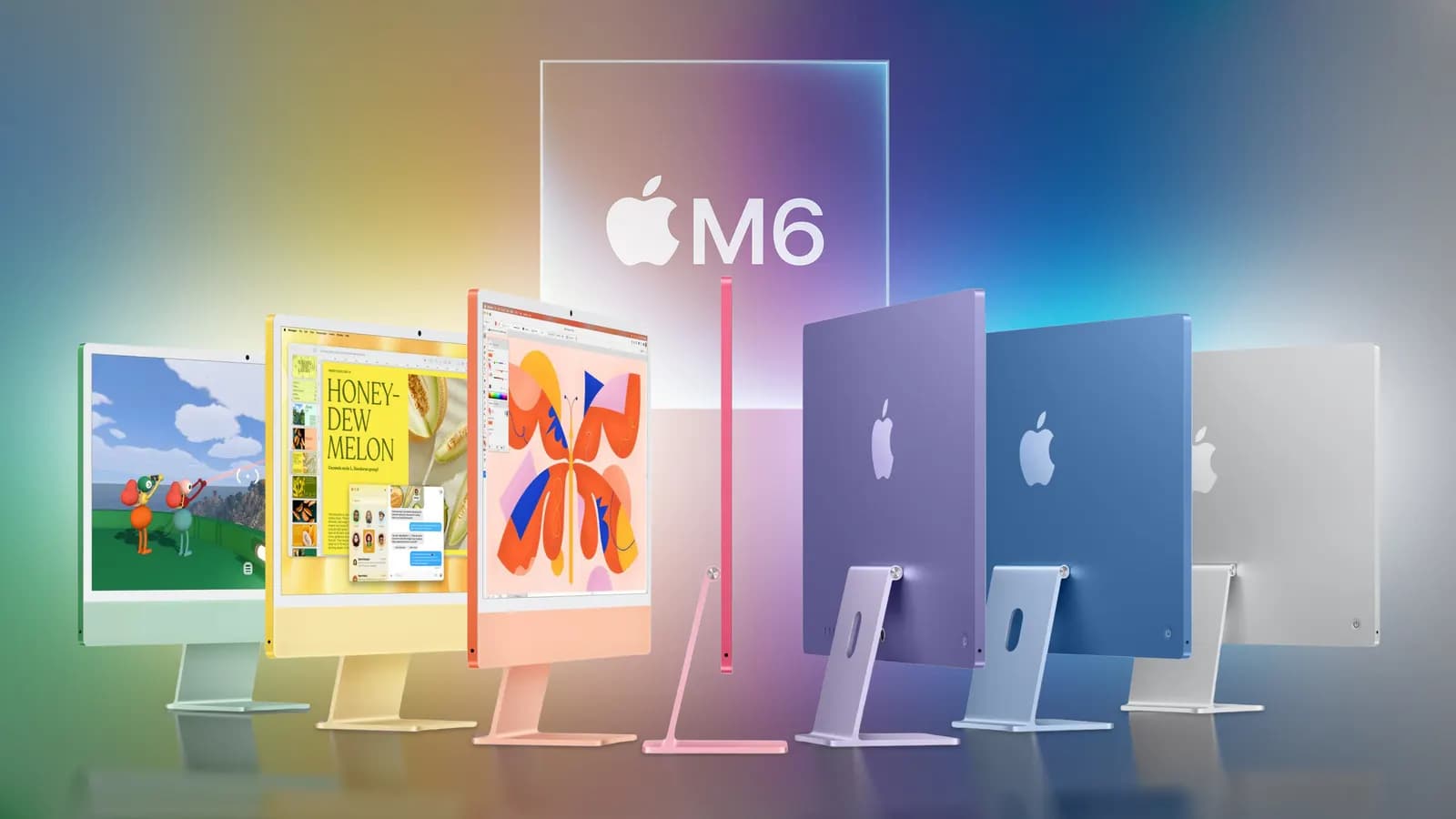 Farklı renklerde yedi iMac ve arkada Apple M6 çip logosu, renkli degrade arka plan önünde sergileniyor