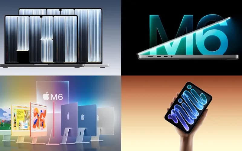Four-panel collage: MacBook Pro models, a laptop labeled M6, colorful iMacs, and a hand-held iPad mini.