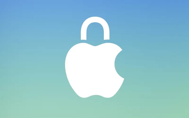 Mavi-yeşil gradyan arka plan üzerinde, asma kilit şeklinde birleştirilmiş beyaz Apple logosu