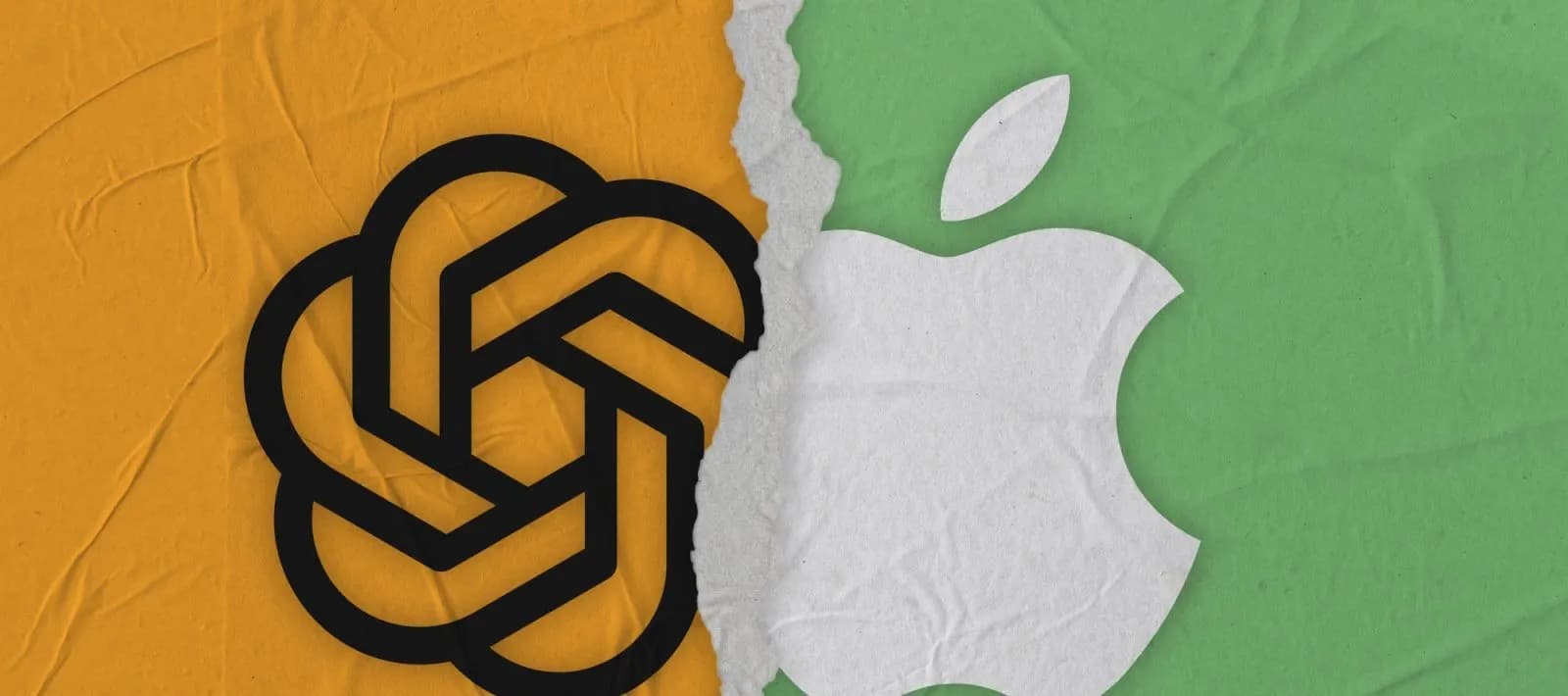 OpenAI and Apple logos side by side on a background of torn orange and green paper
