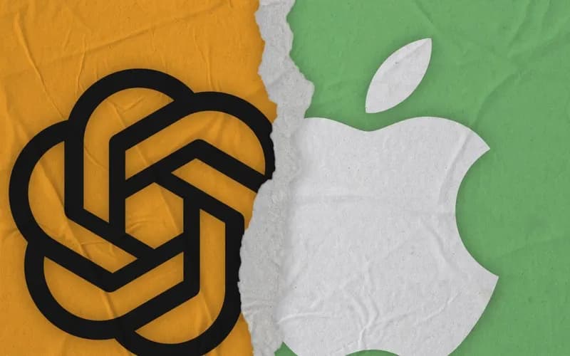 OpenAI and Apple logos side by side on a background of torn orange and green paper