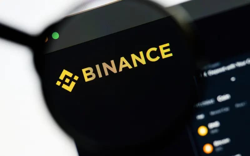 Büyüteç altında Binance kripto para borsası web sitesinin logosu ve koyu temalı ekran görünümü