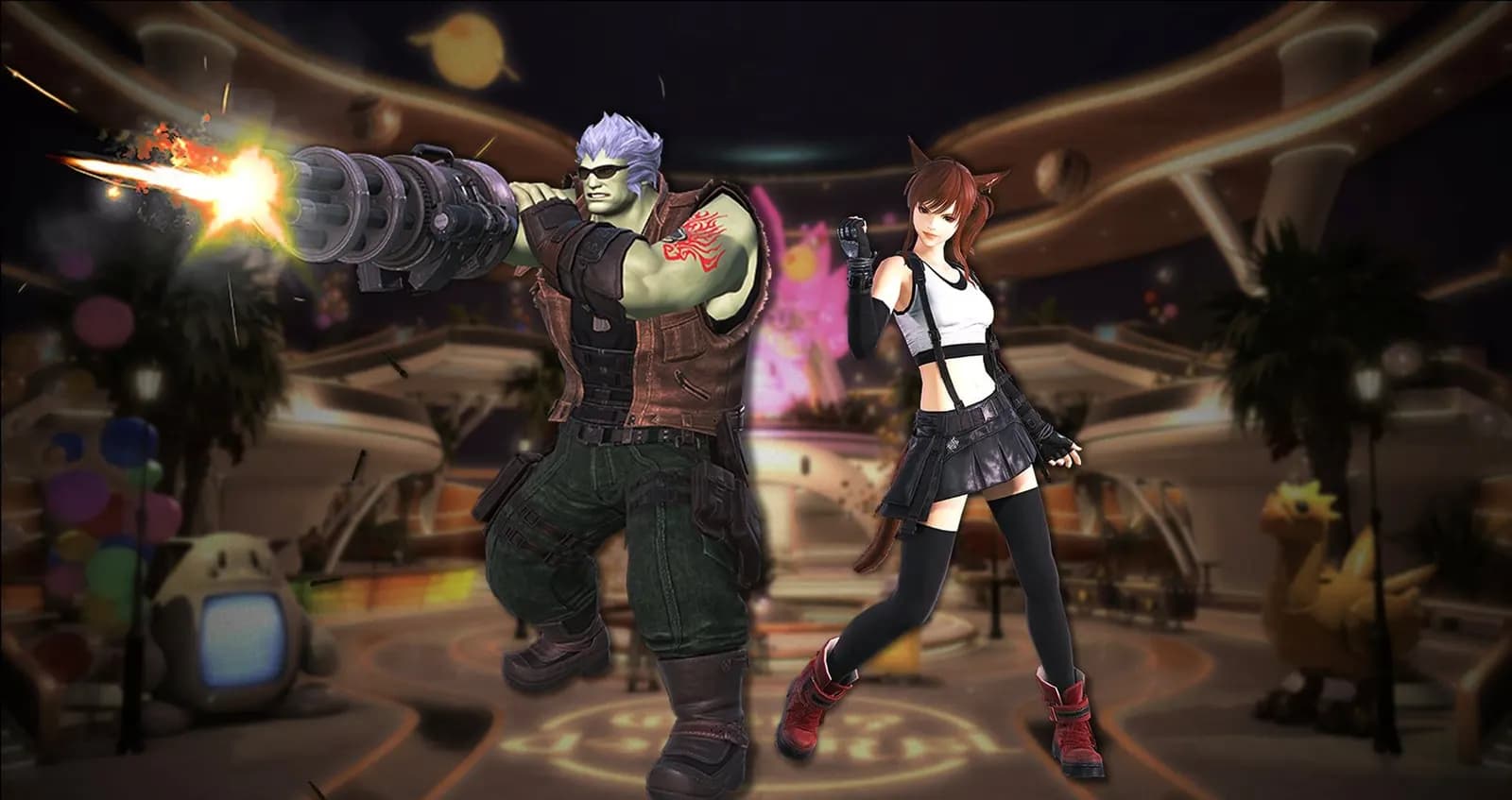 Final Fantasy XIV'ten iki karakter: dev silah ateşleyen yeşil tenli adam ve kedi kulaklı, siyah etekli kadın, neon ışıklı mekânda.