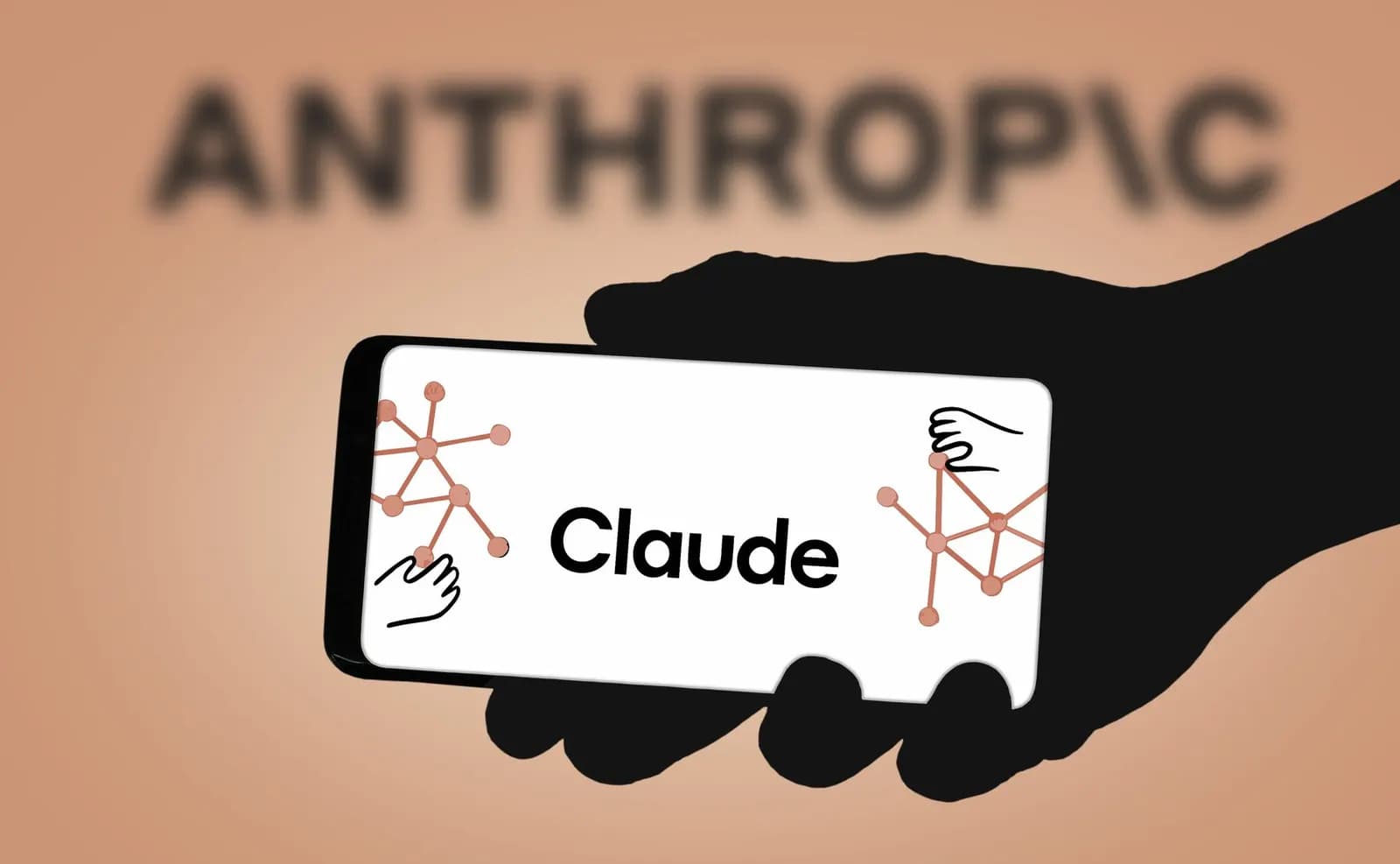 Silhouette of a person holding a phone showing the Claude app logo, with a blurred Anthropic sign in the background