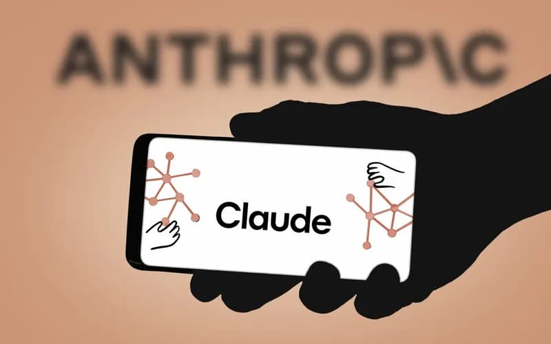 Silhouette of a person holding a phone showing the Claude app logo, with a blurred Anthropic sign in the background
