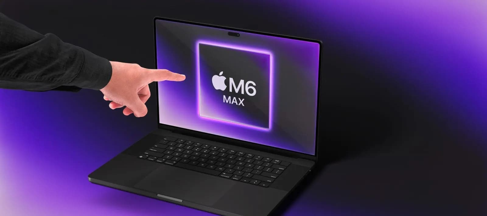 A hand reaches toward a black MacBook Pro with an M6 Max chip logo glowing on its screen, against a purple background.