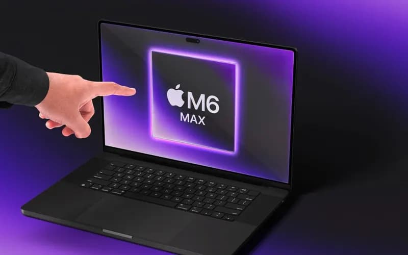 A hand reaches toward a black MacBook Pro with an M6 Max chip logo glowing on its screen, against a purple background.