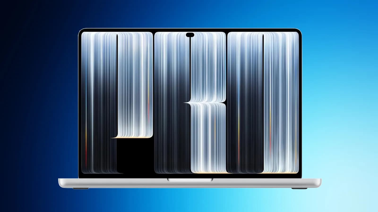 Open MacBook laptop with vertical silver and black striped wallpaper on its screen, set against a blue gradient background